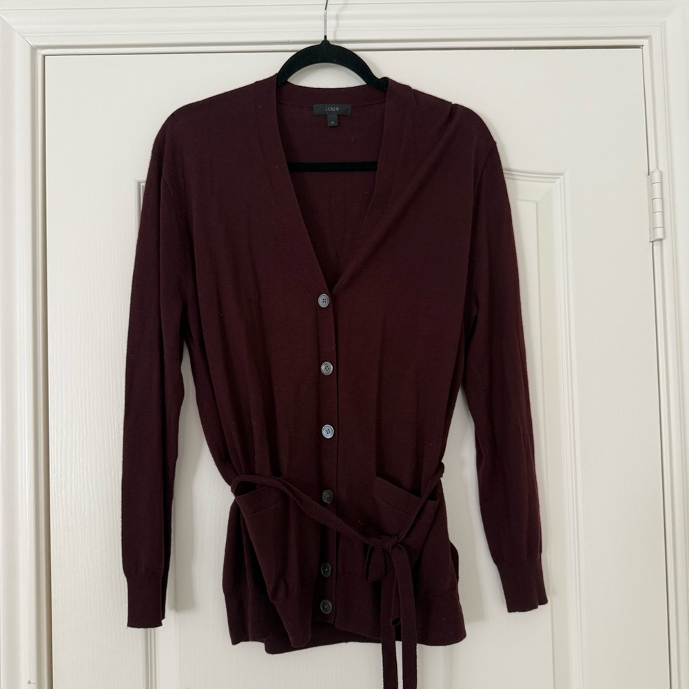 Jcrew Women's belted merino wool Burgundy Cardigan Sweater
